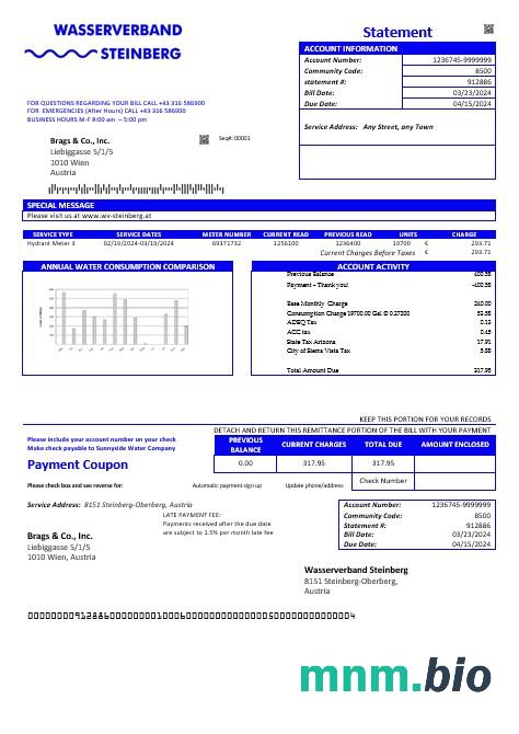 Austria Wasserverband Steinberg water rachunek za usługi komunalne szablon w formacie Word i PDF